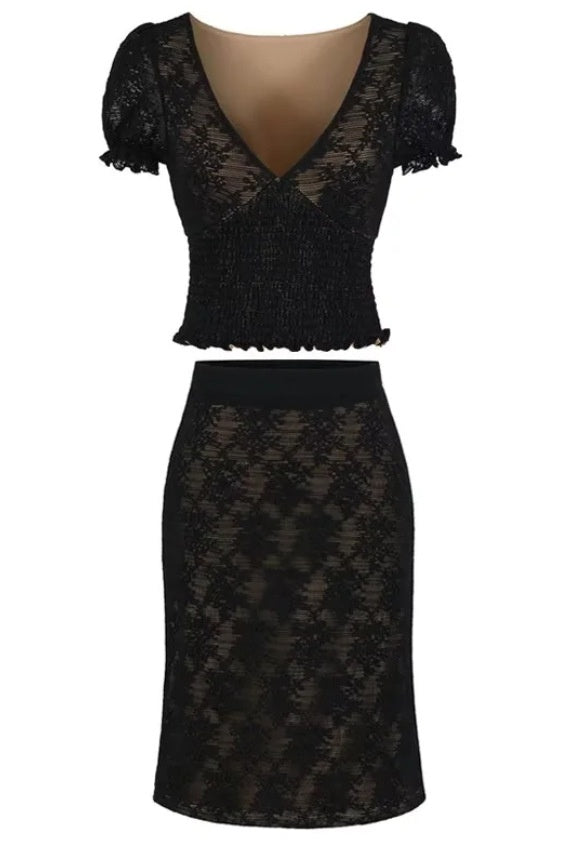 Lace Print Fitted Top & Bodycon Skirt Two-Piece Set