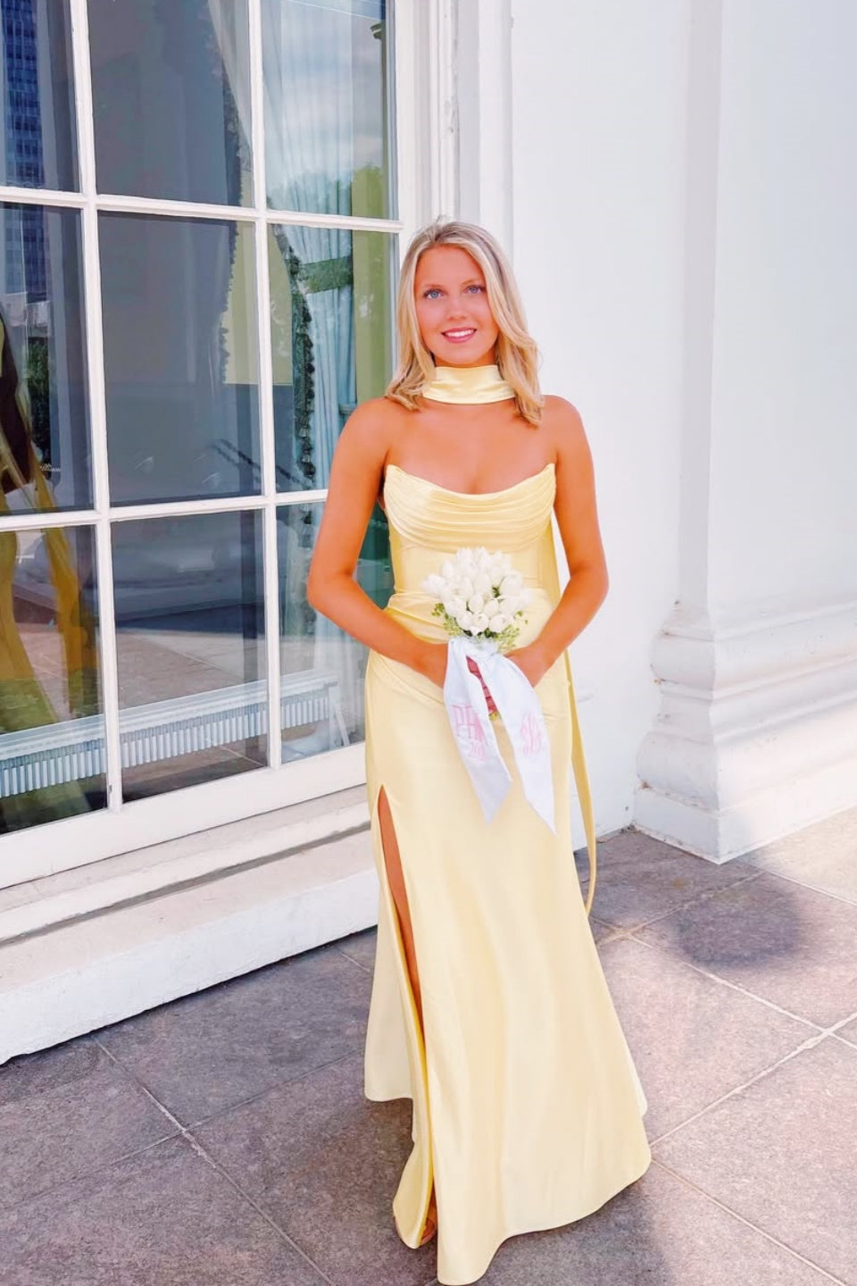Strapless Yellow Satin Fitted Dress