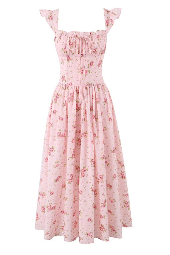 Pink Floral A-Line Long Dress