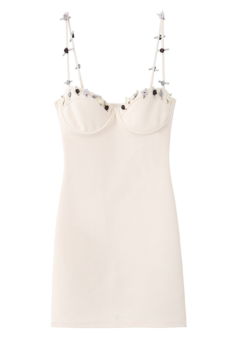 Apricot 3D Floral Spaghetti Strap Fitted Mini Dress