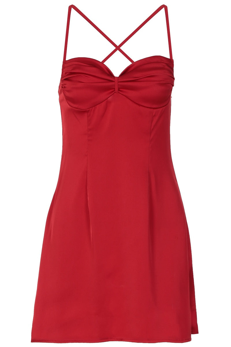 Red Satin Spaghetti Strap A-Line Mini Dress
