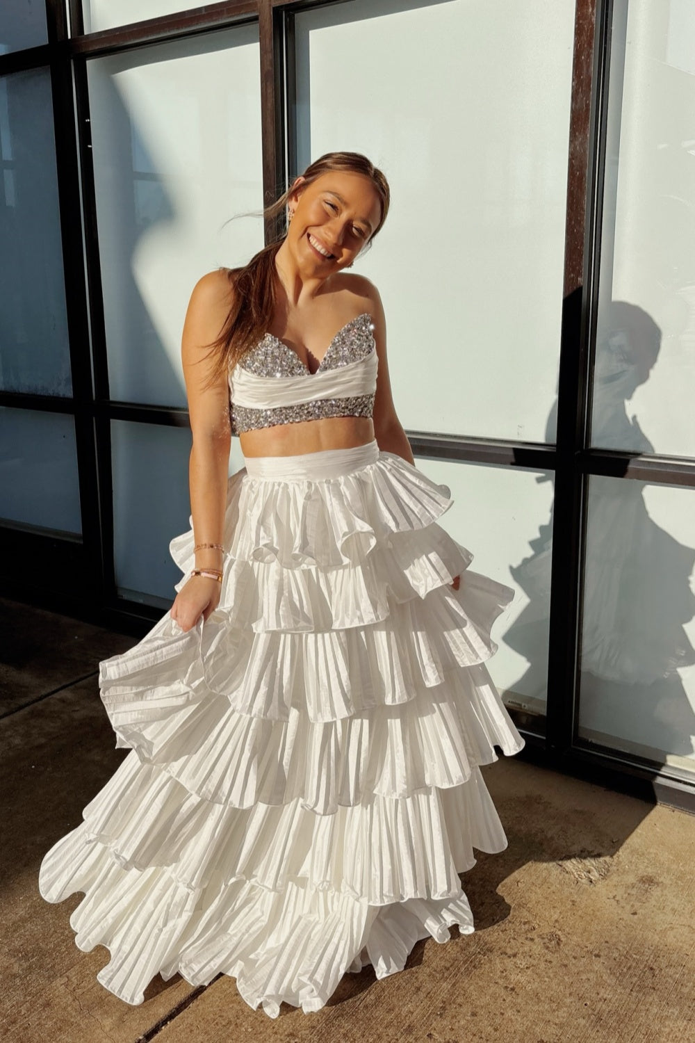 White Rhinestone Bustier Two-Piece Set