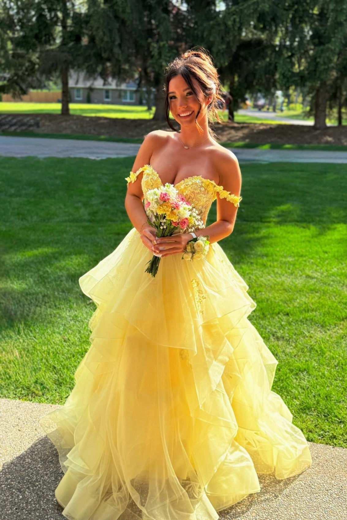 Yellow Off-the-Shoulder Tiered Prom Dress – Dressesforparty