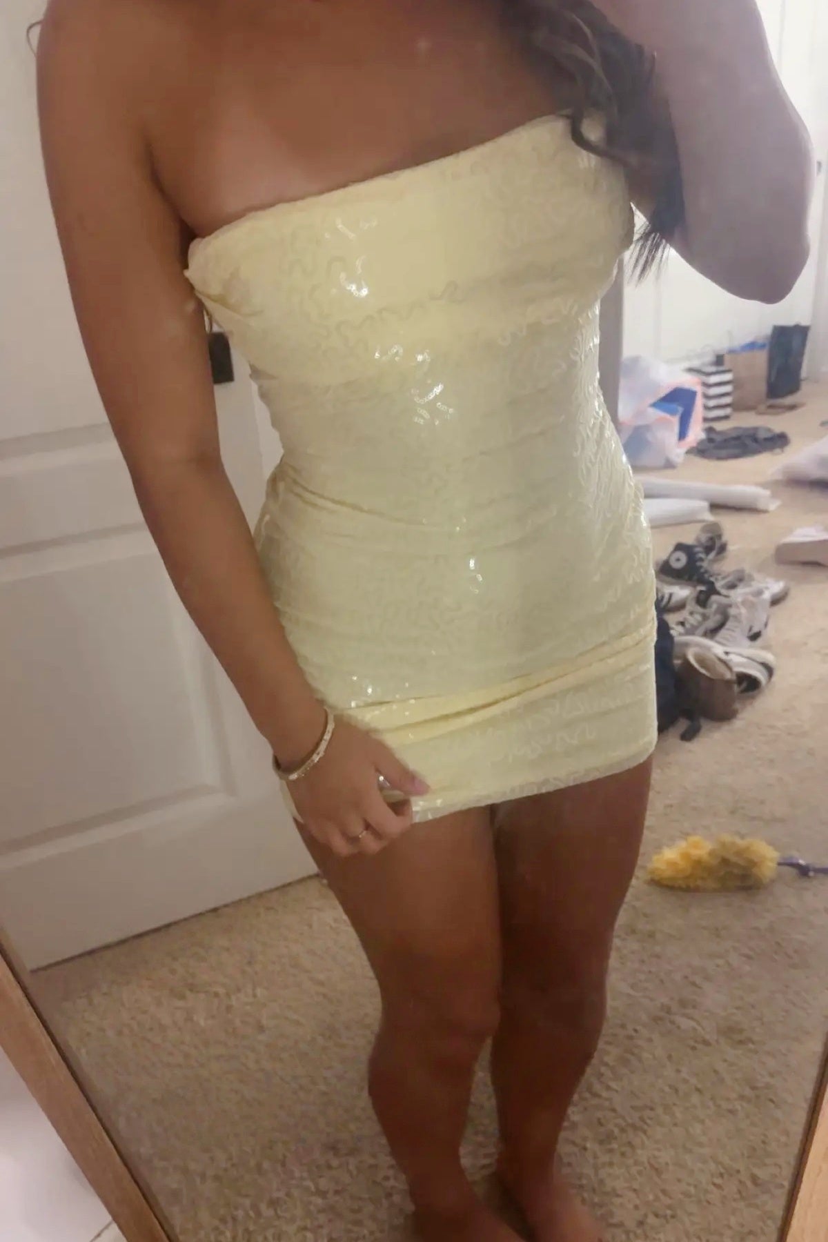Yellow Sequin Bodycon Strapless Mini Dress