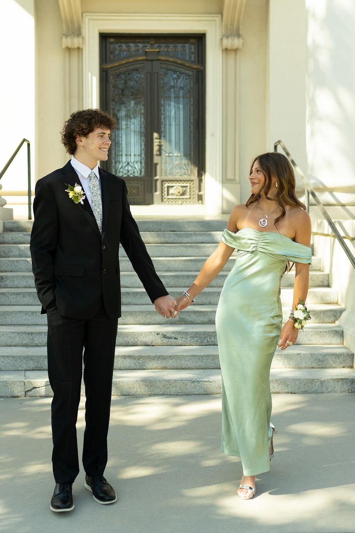 Sage Satin Off-the-Shoulder Sheath Gown