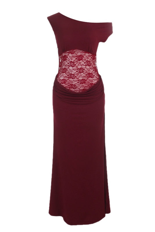Burgundy Asymmetric Lace Print Maxi Dress