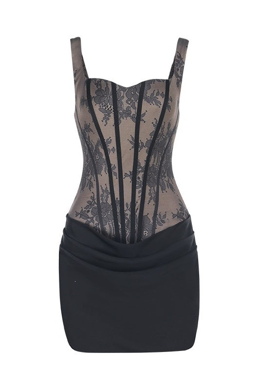 Black Lace-Print Bodycon Mini Dress