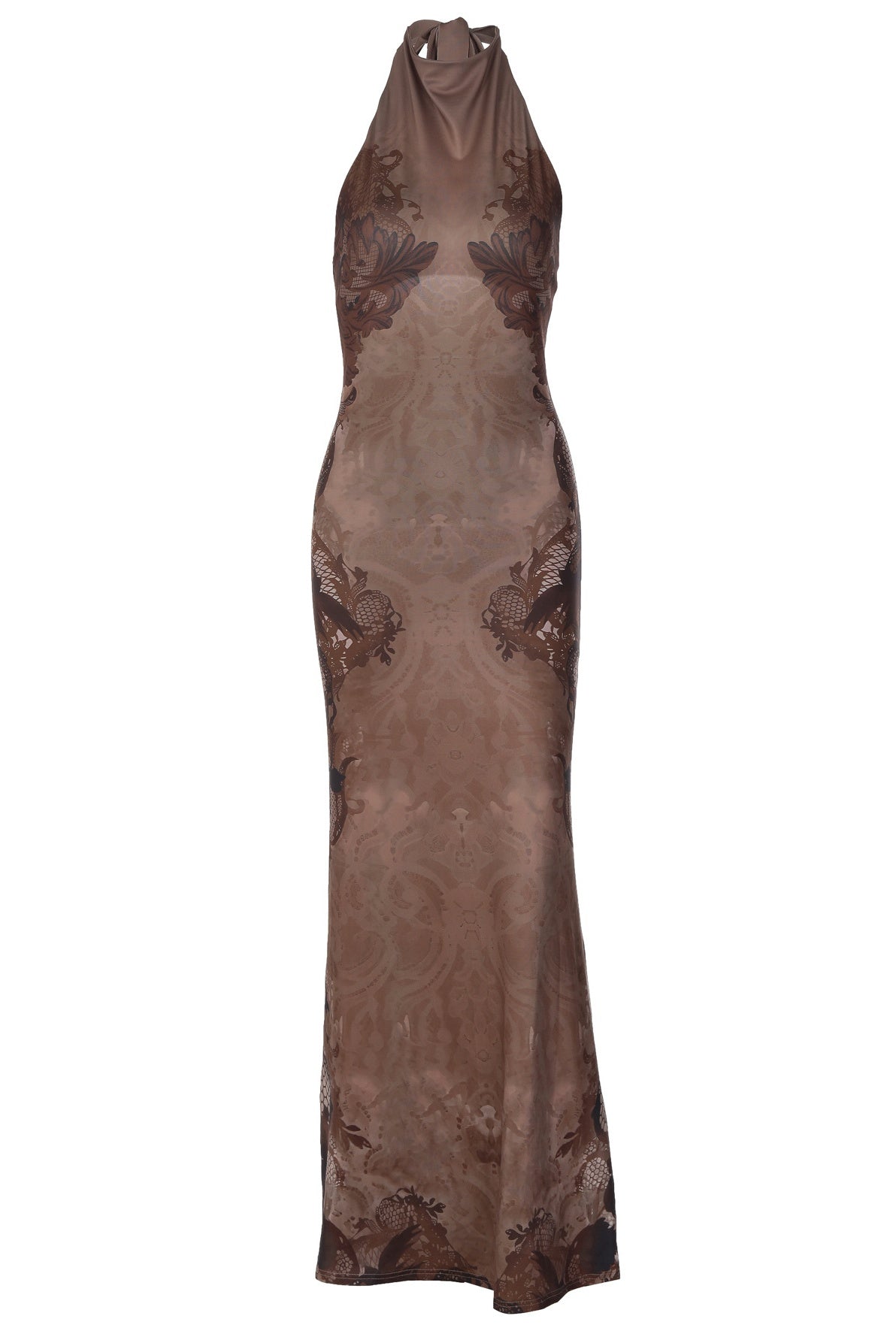 Brown Halter Tie Fitted Maxi Dress