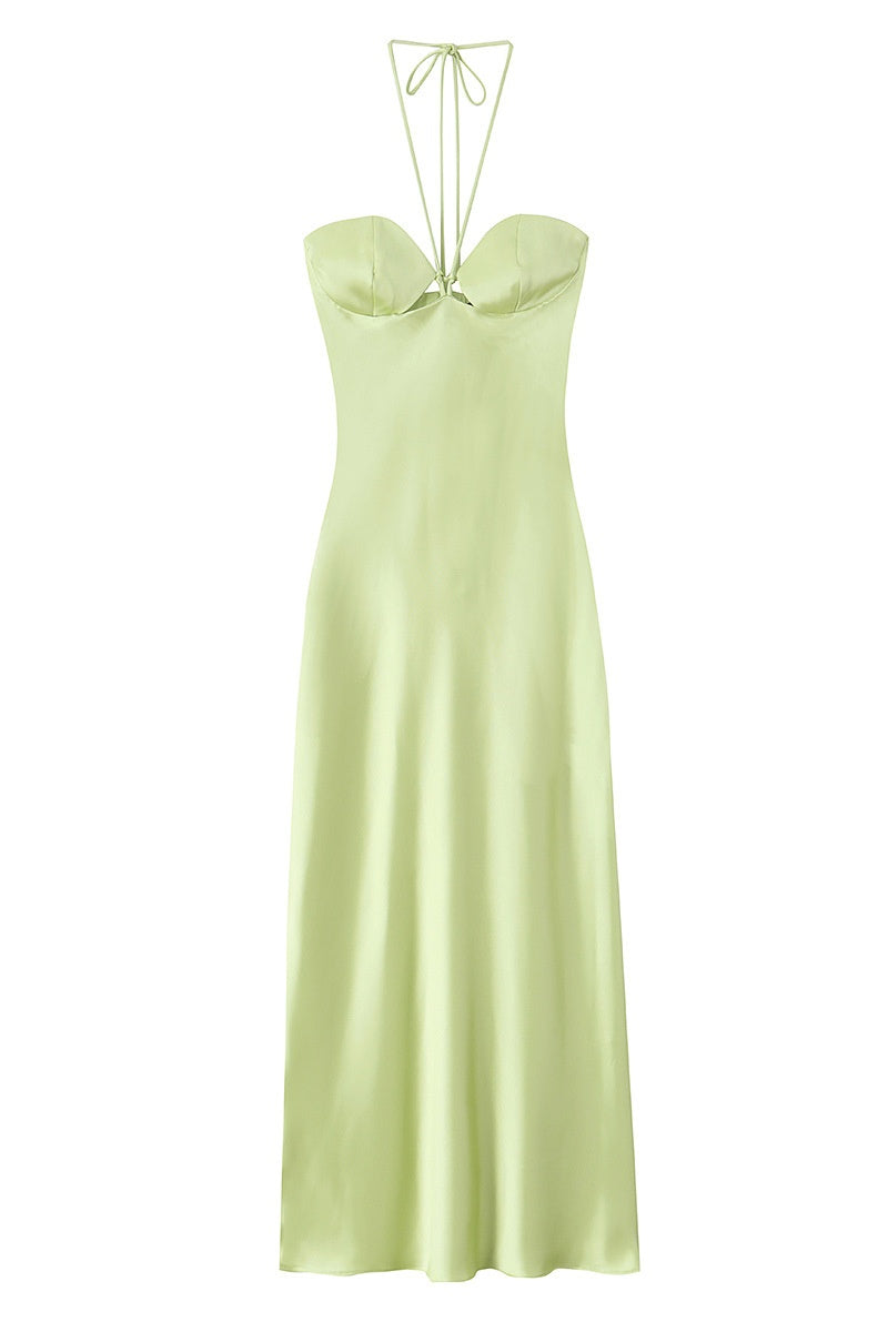 Light Green Satin A-Line Maxi Dress
