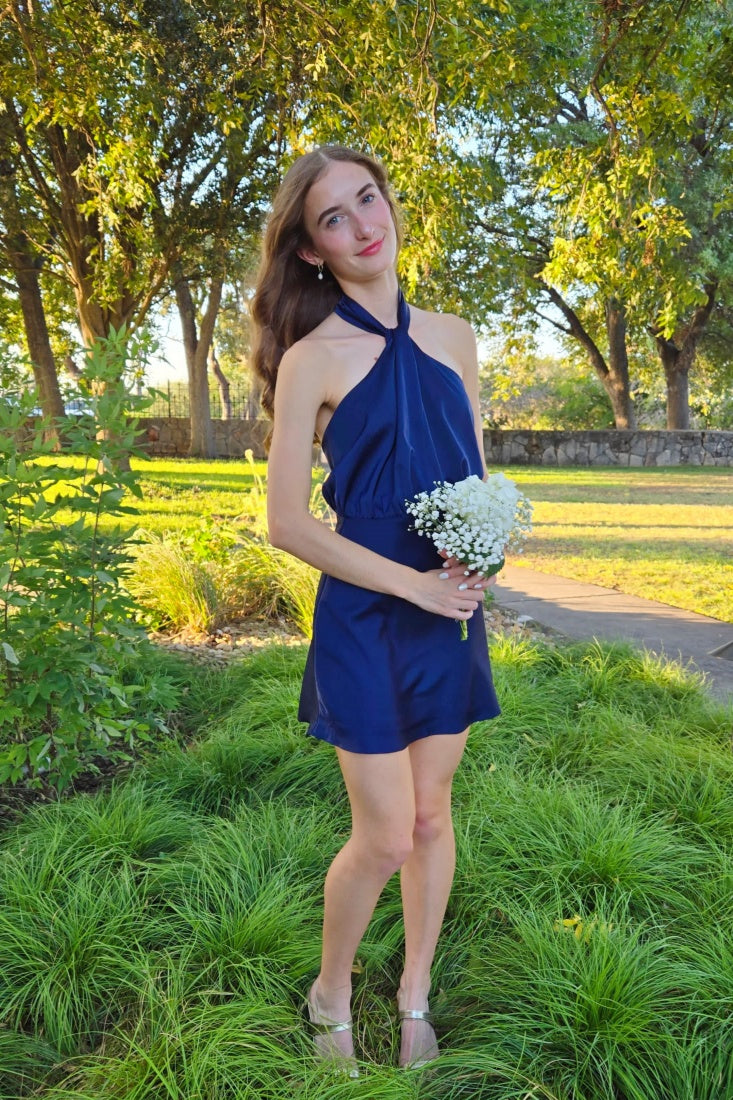 Navy Satin Halter Mini Dress – Dressesforparty