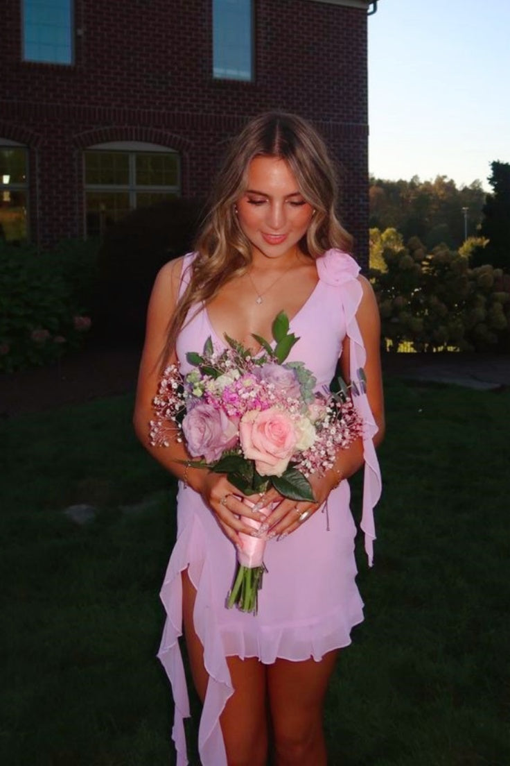 Pink Floral Shoulder A-Line Mini Dress