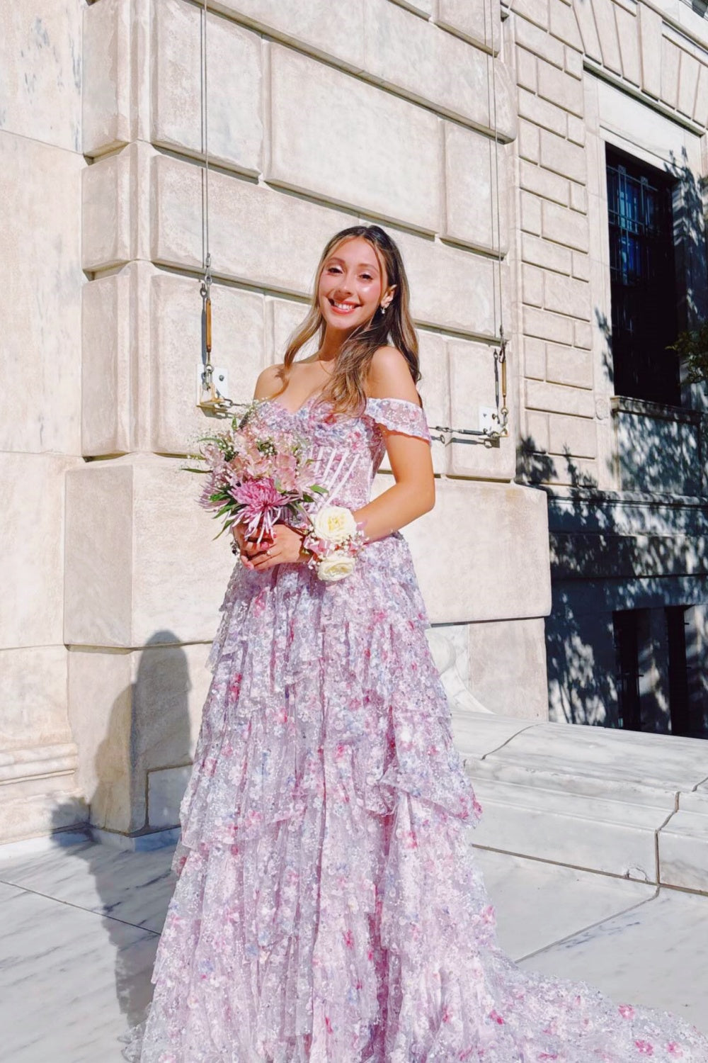 Off-Shoulder Floral A-Line Gown