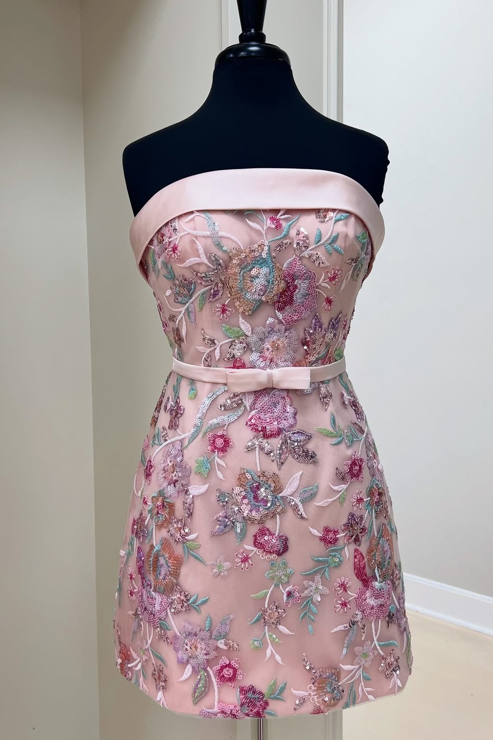 Rose Pink Floral Sequin Strapless Mini Dress