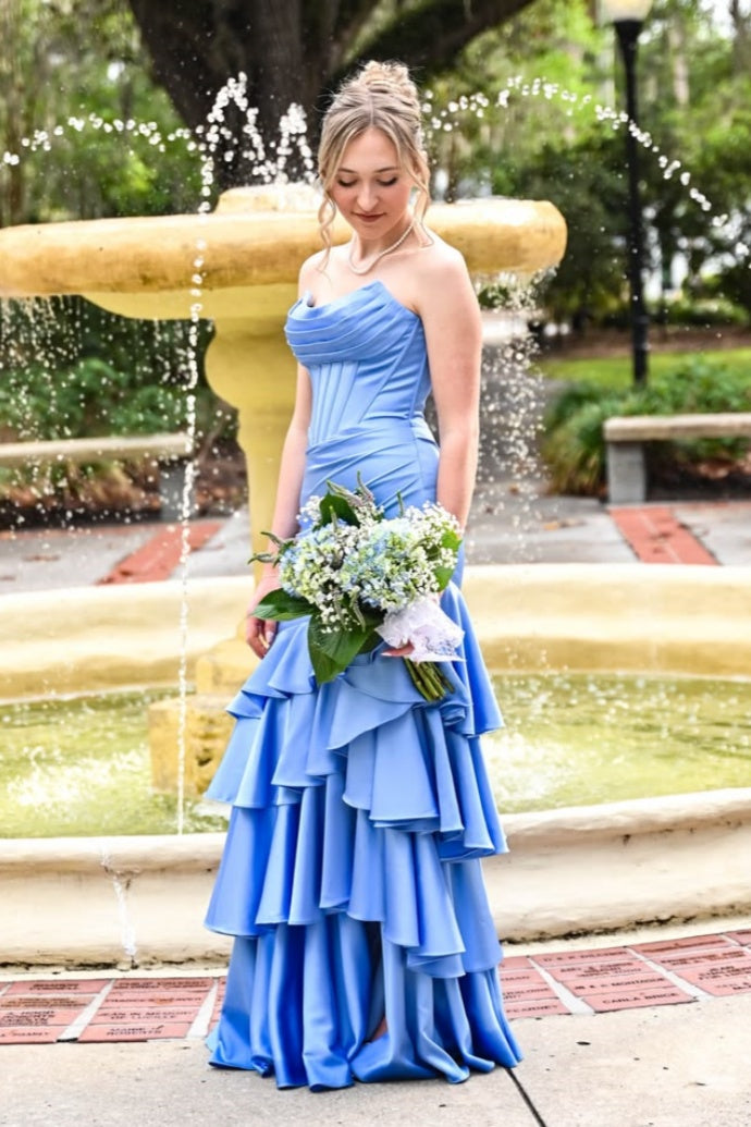 Periwinkle Satin Strapless Fitted Maxi Dress – Dressesforparty