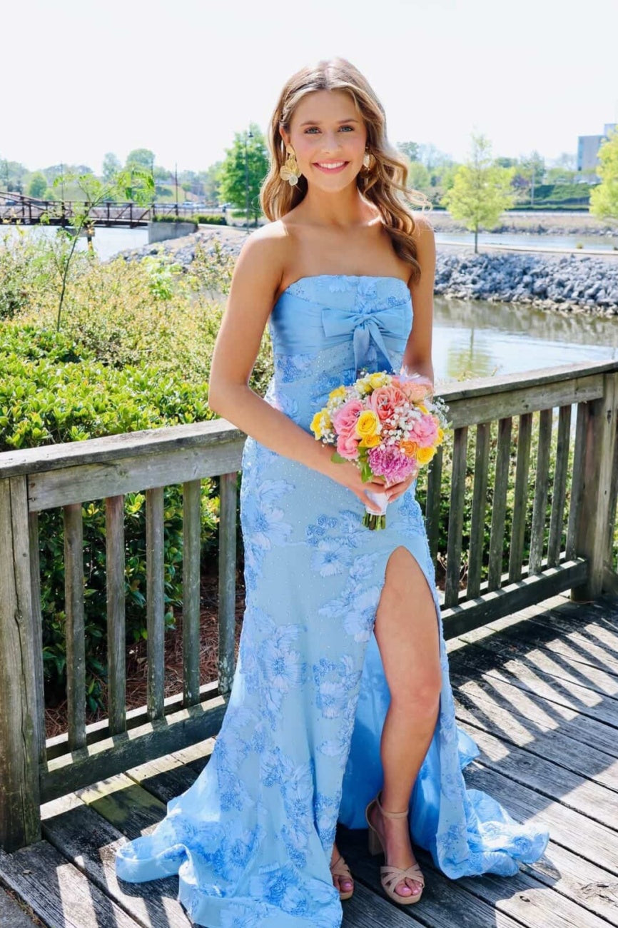 Blue Jacquard Strapless Dress with Satin Bow