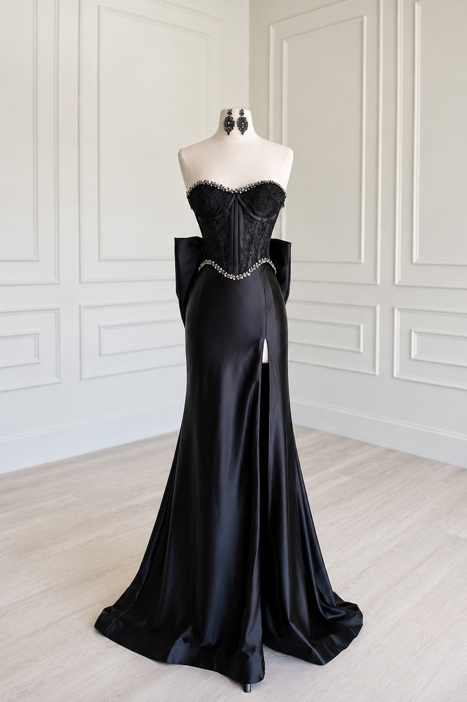 Black Beaded Bustier Satin Mermaid