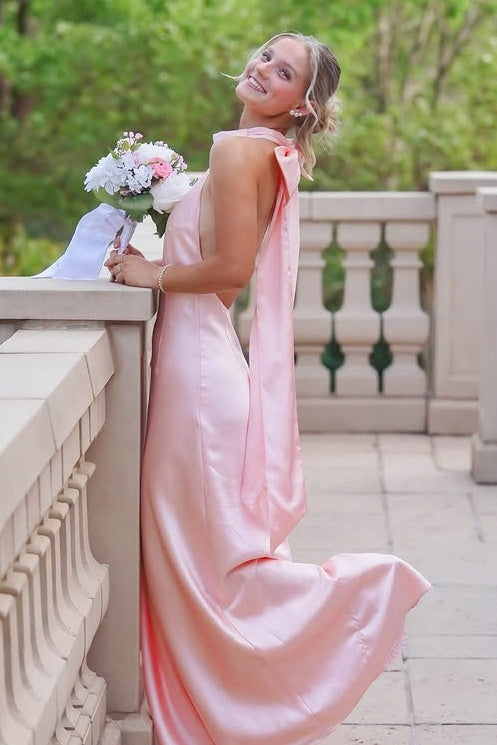 Light Pink Satin Halter Bridesmaid Dress – Dressesforparty