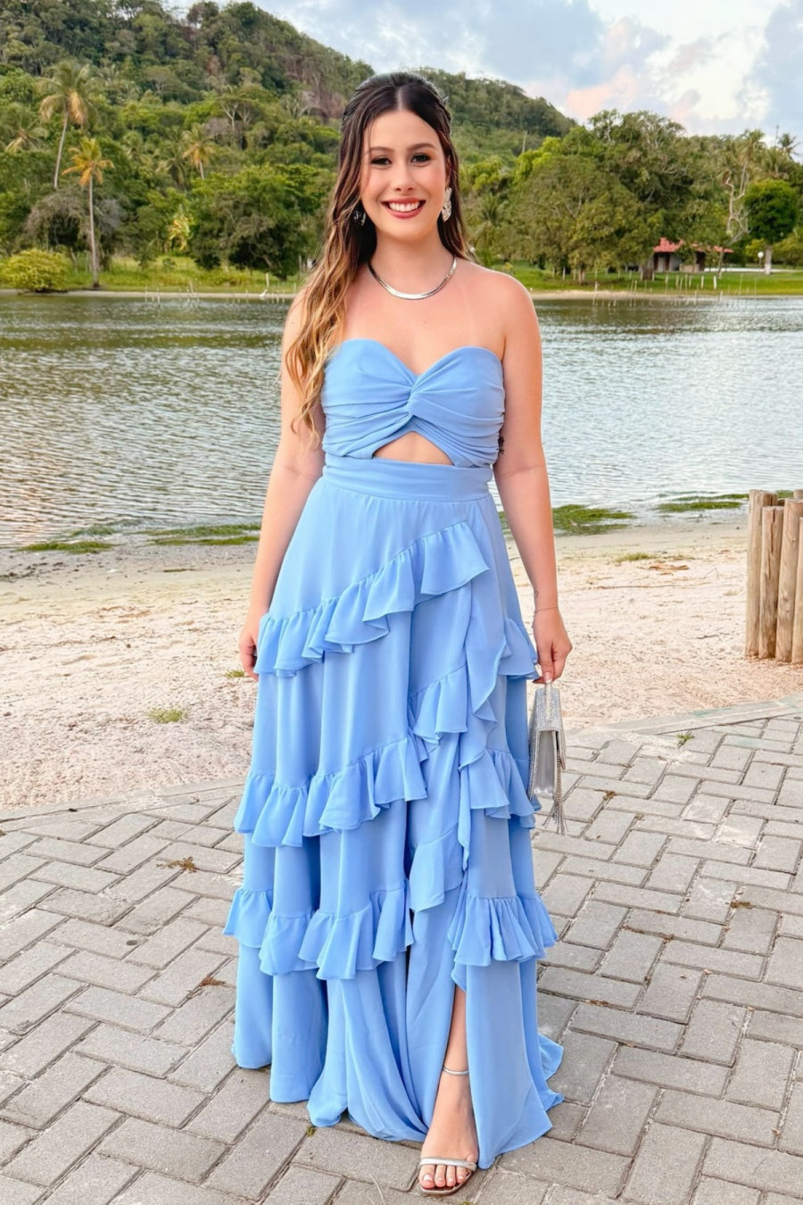 Mist Blue Chiffon A-Line Twist Floor-Length Dress