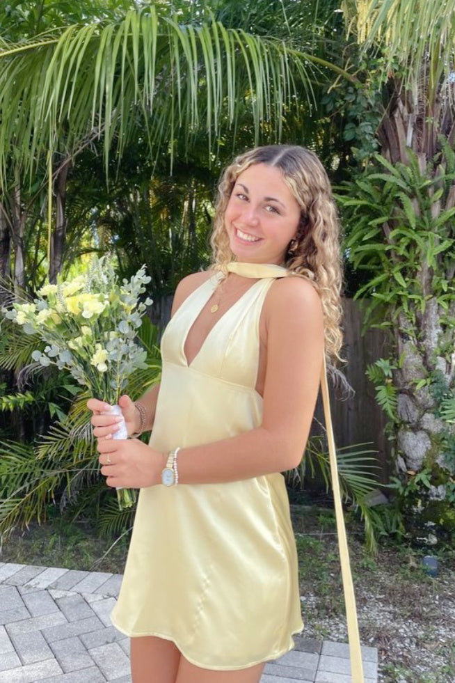 Yellow Satin Halter V Mini Dress