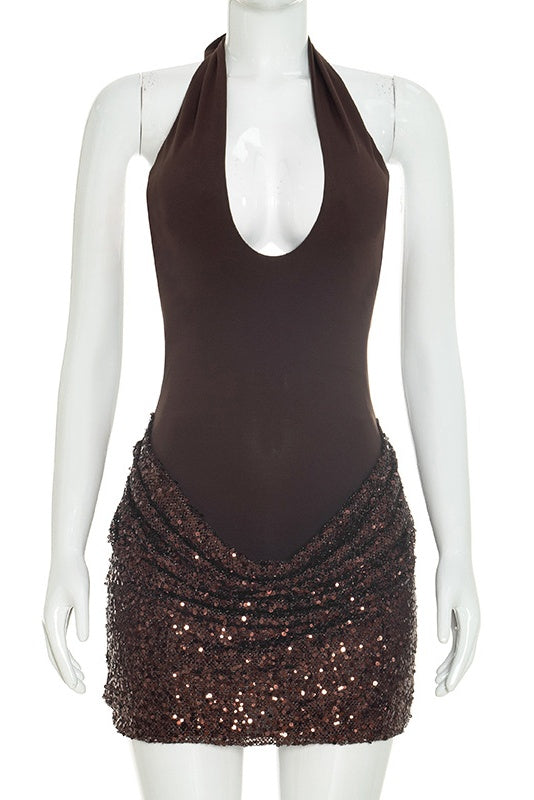 Brown Sequin Halter V-Neck Dress