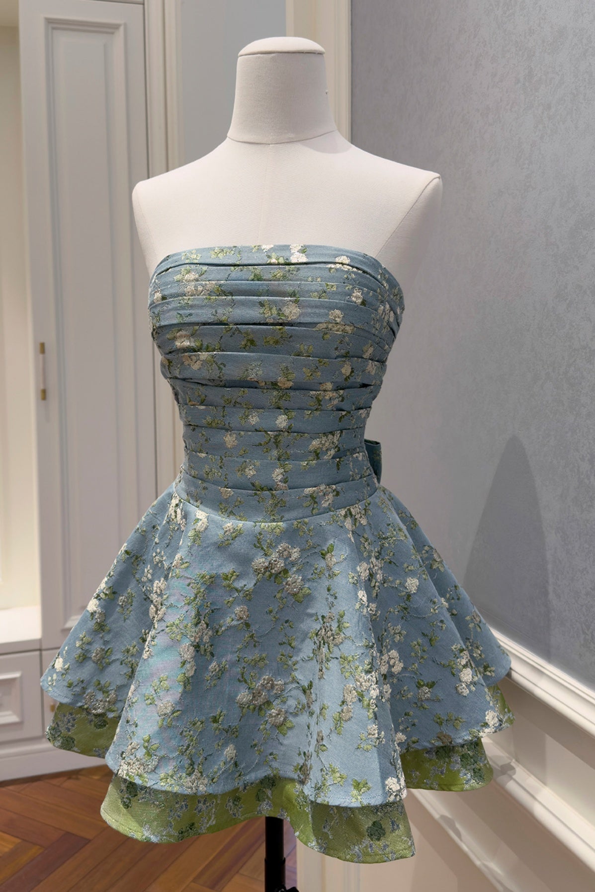 Rock Pine Green Strapless Floral Short Dress