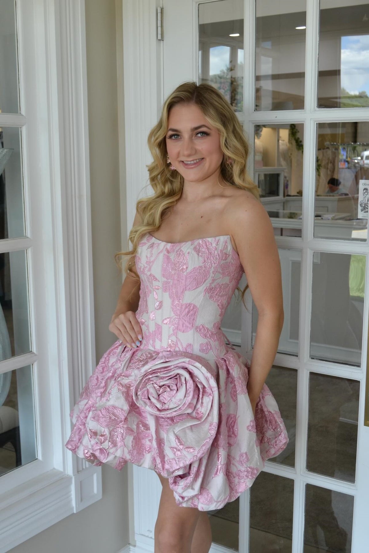 Pink Jacquard Floral A-Line Mini Dress