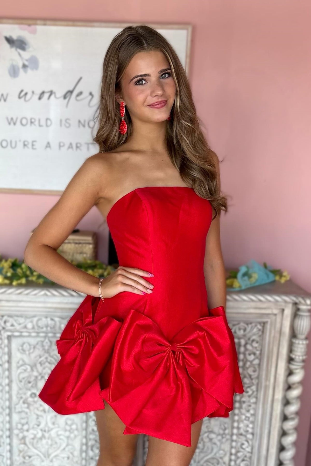 Red Satin Strapless Bow Mini Dress – Dressesforparty