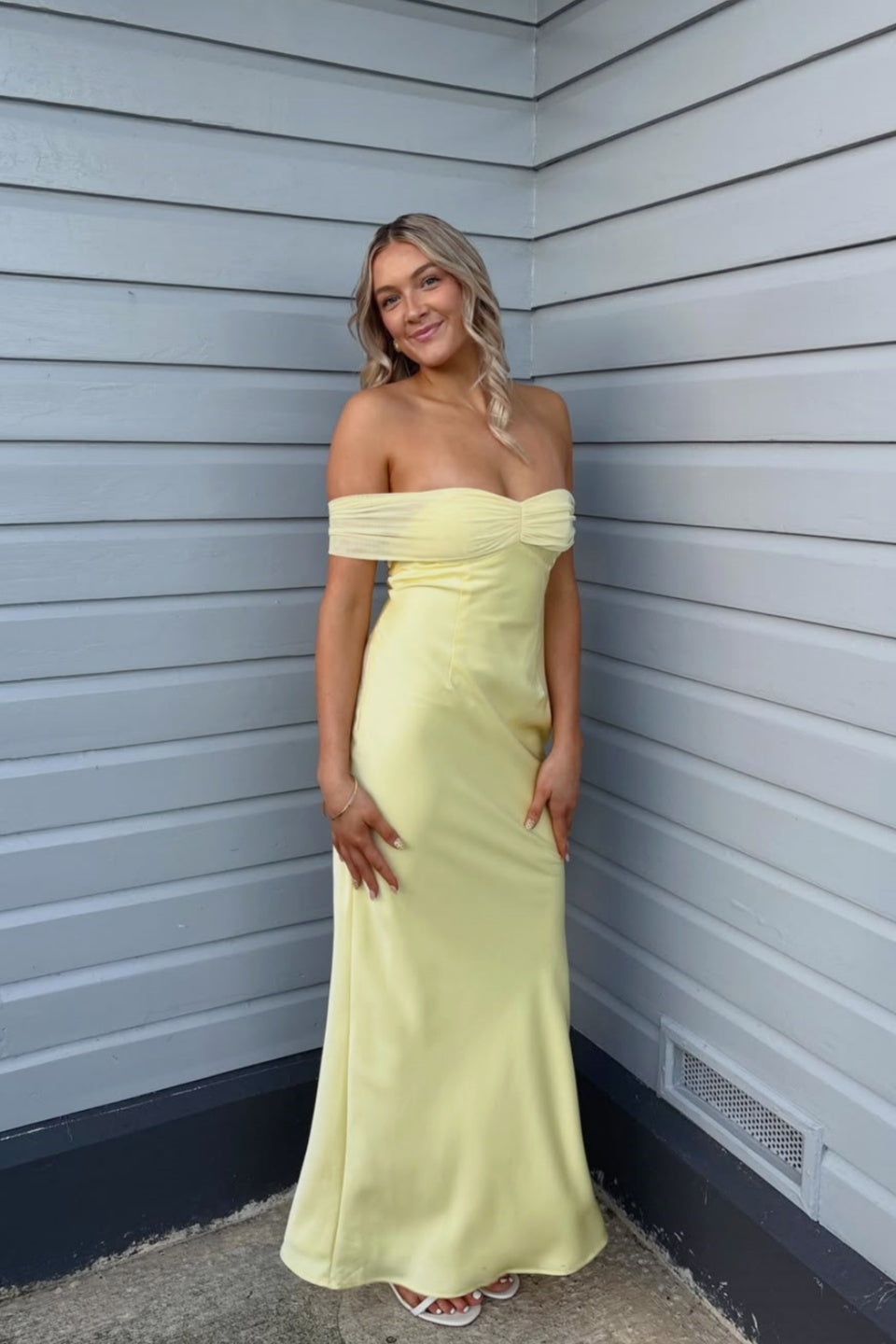 Yellow Satin Off-Shoulder Maxi Dress – Dressesforparty