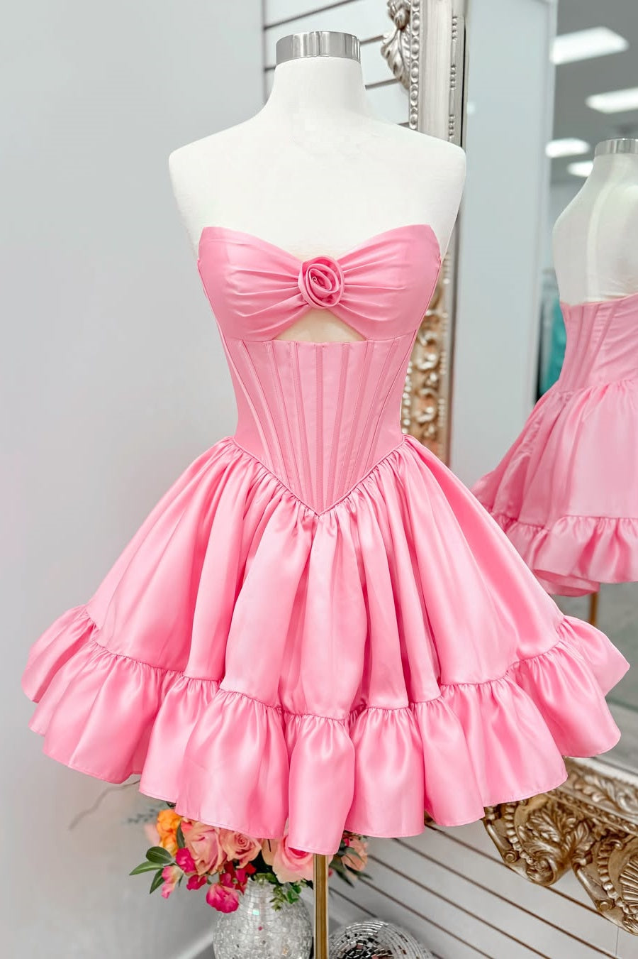 Pink 3D Floral Strapless Mini Dress