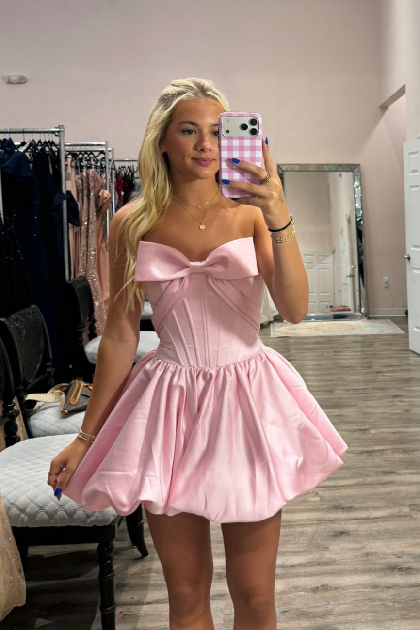 Pink Satin Bow Strapless Mini Dress
