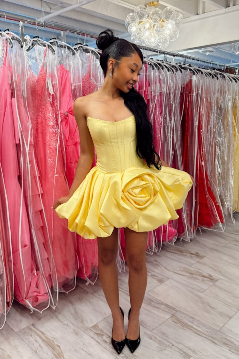 Yellow Strapless Satin Bubble Mini Dress – Dressesforparty