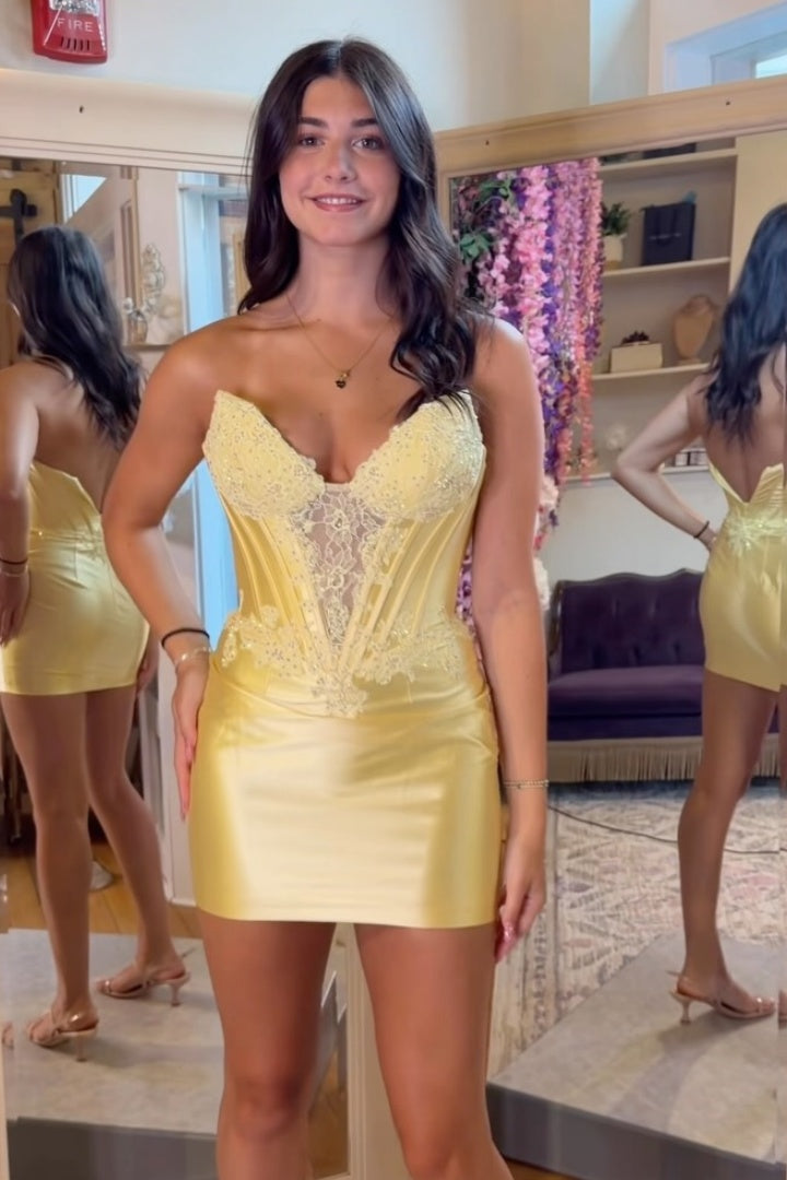 Yellow Satin Cut-Out Bodycon Mini Dress