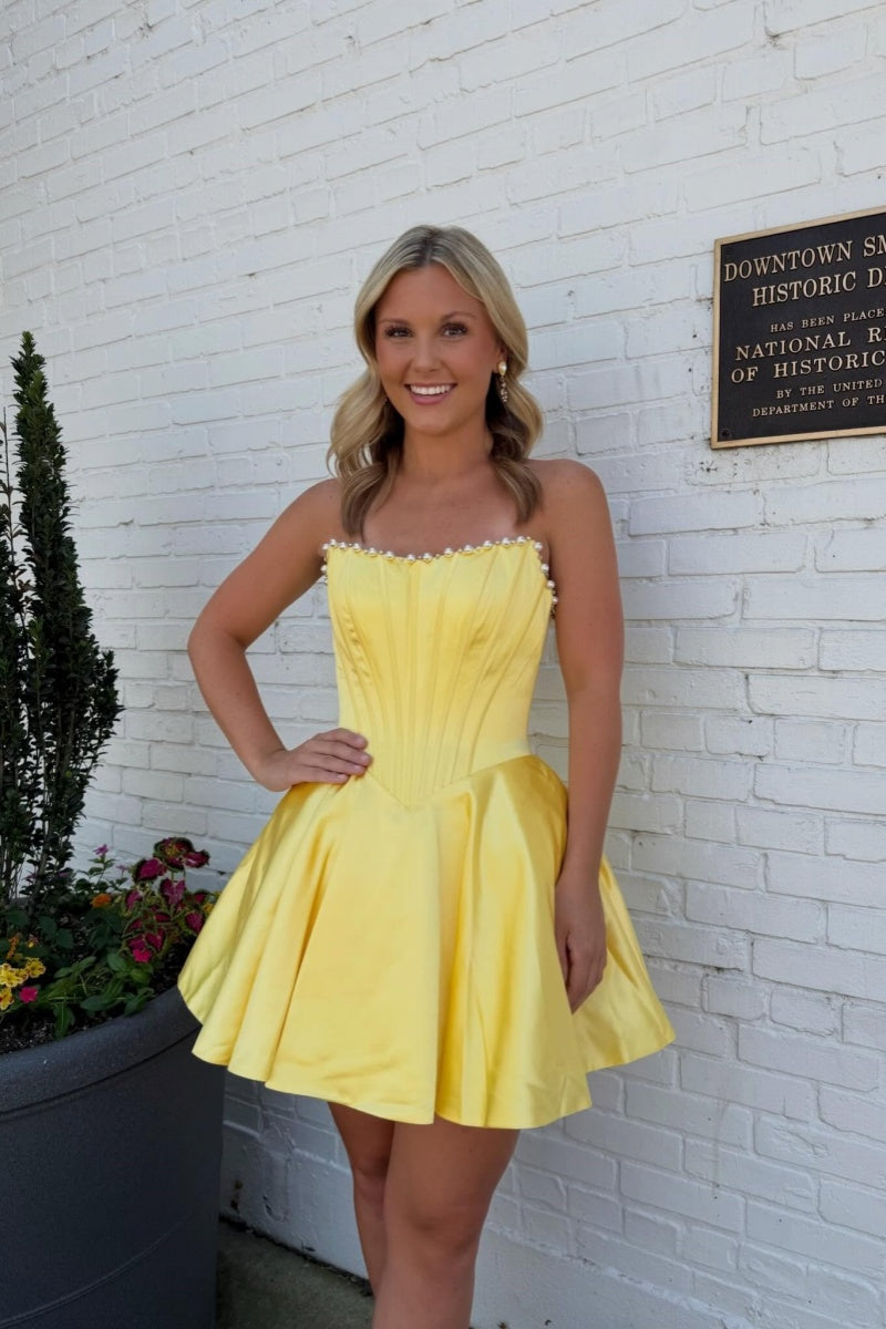 Yellow Satin Pearl A-Line Short Dress – Dressesforparty