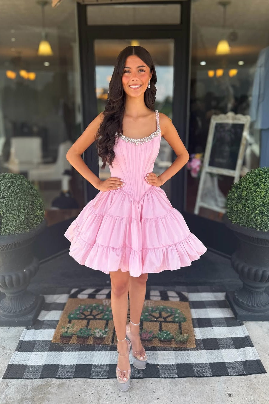 Pink A-Line Rhinestone Mini Dress – Dressesforparty
