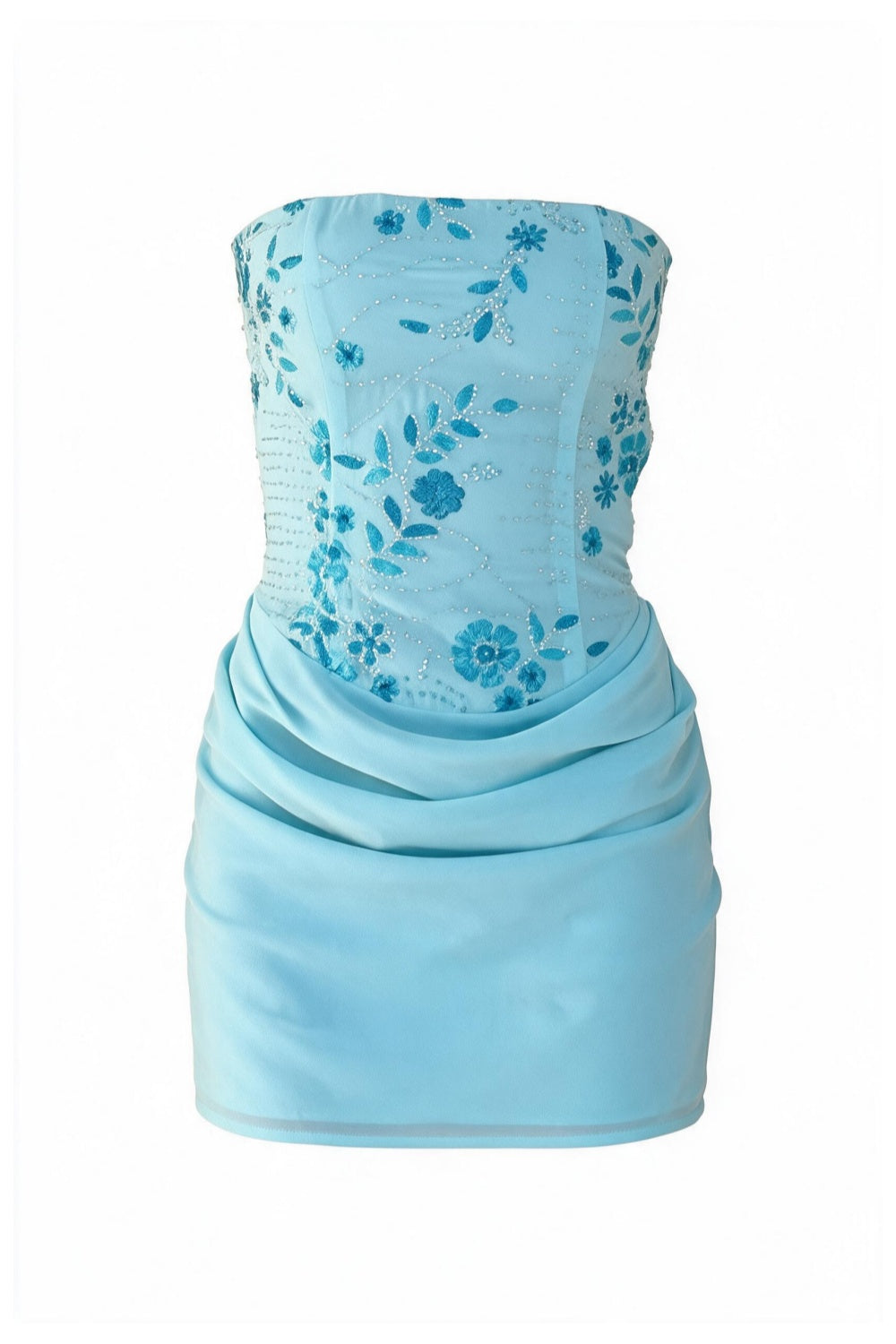 Blue Strapless Beaded Floral Mini Dress