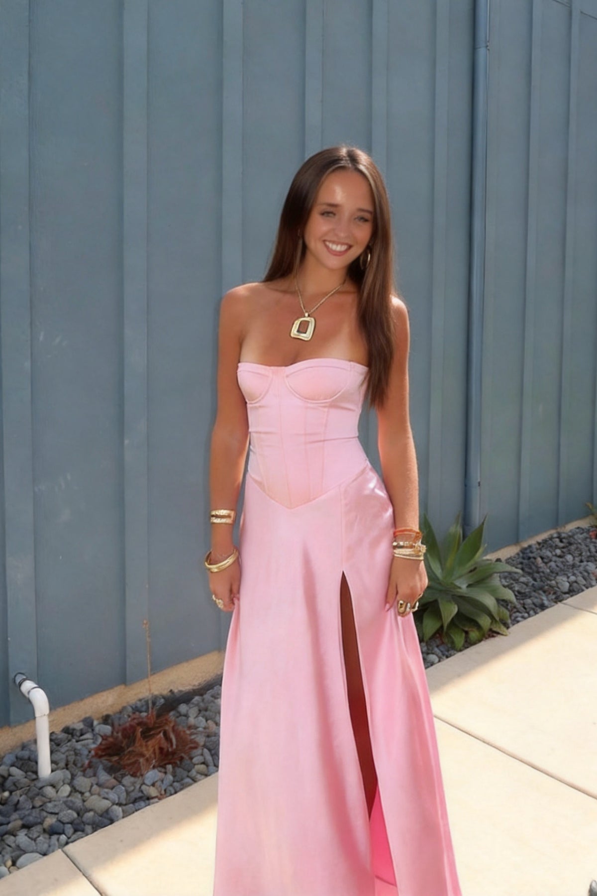 A-Line Pink Satin Floor-Length Dress