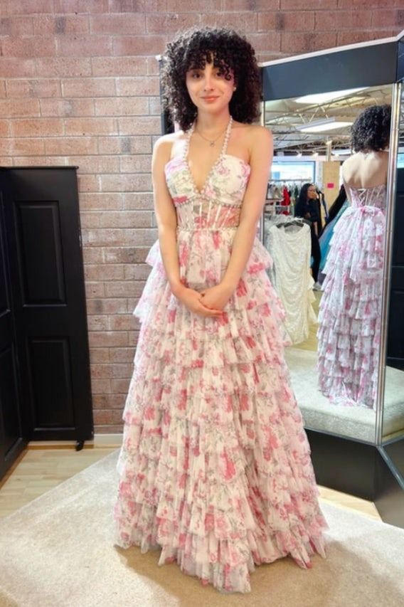 Floral Tulle Halter V-Neck A-Line Dress