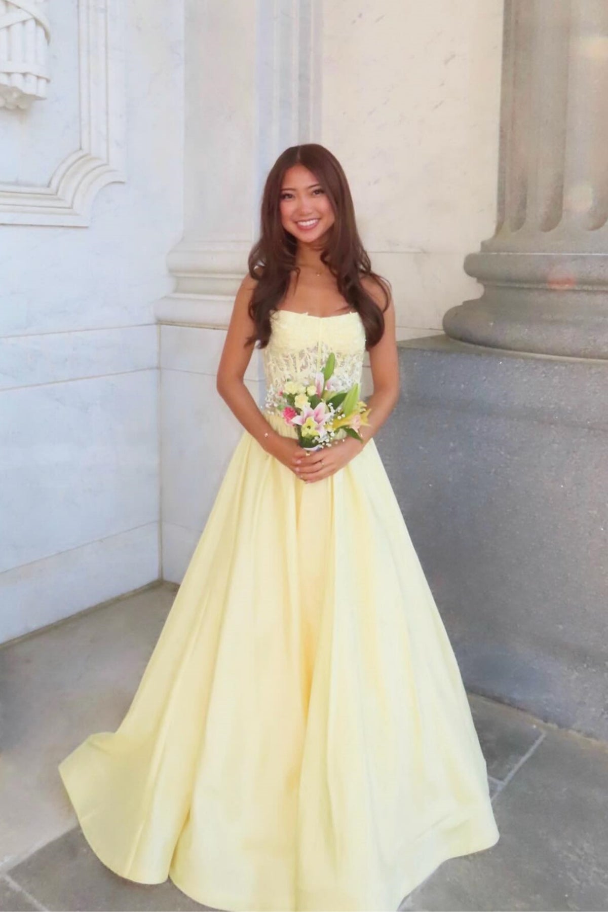 Yellow Satin Strapless A-Line Long Formal Gown