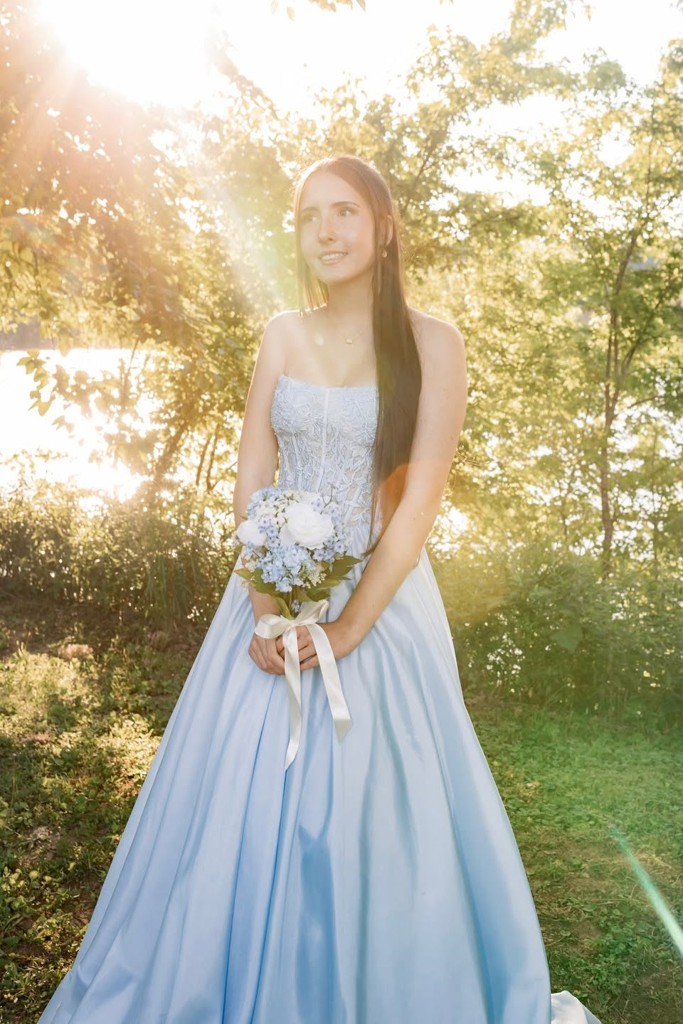 Light Blue Satin Strapless A-Line Long Formal Gown