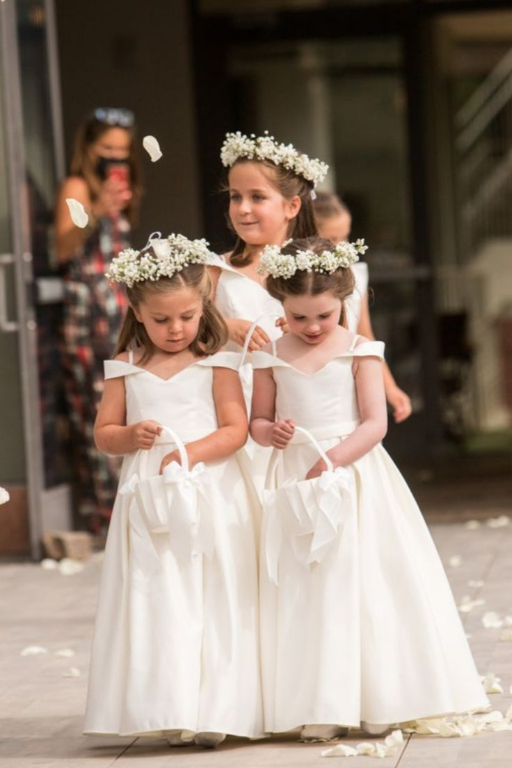 White Satin Bow A-Line Flower Girl Dress