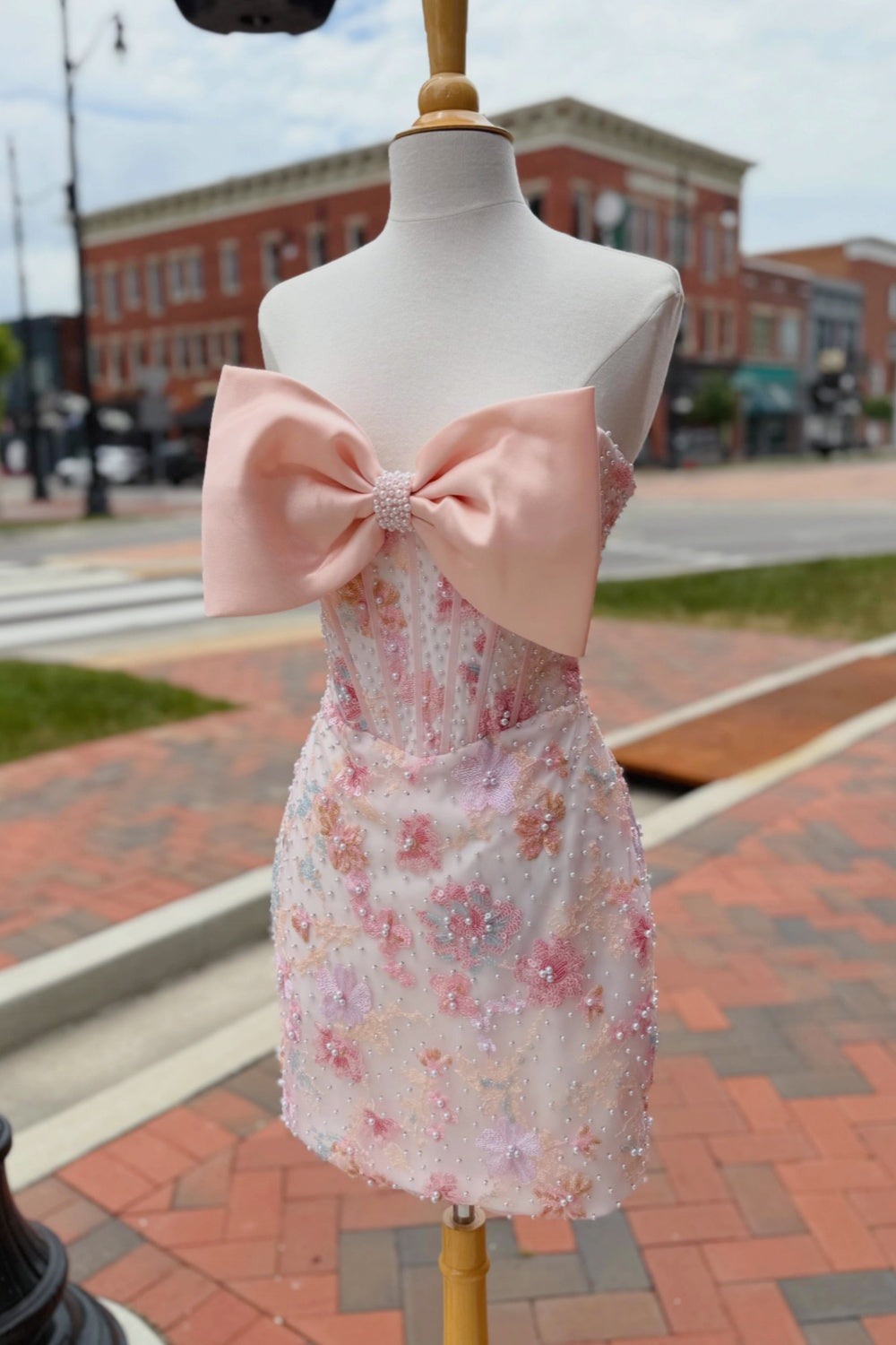 Pink Floral Tulle Pearl Mini Dress