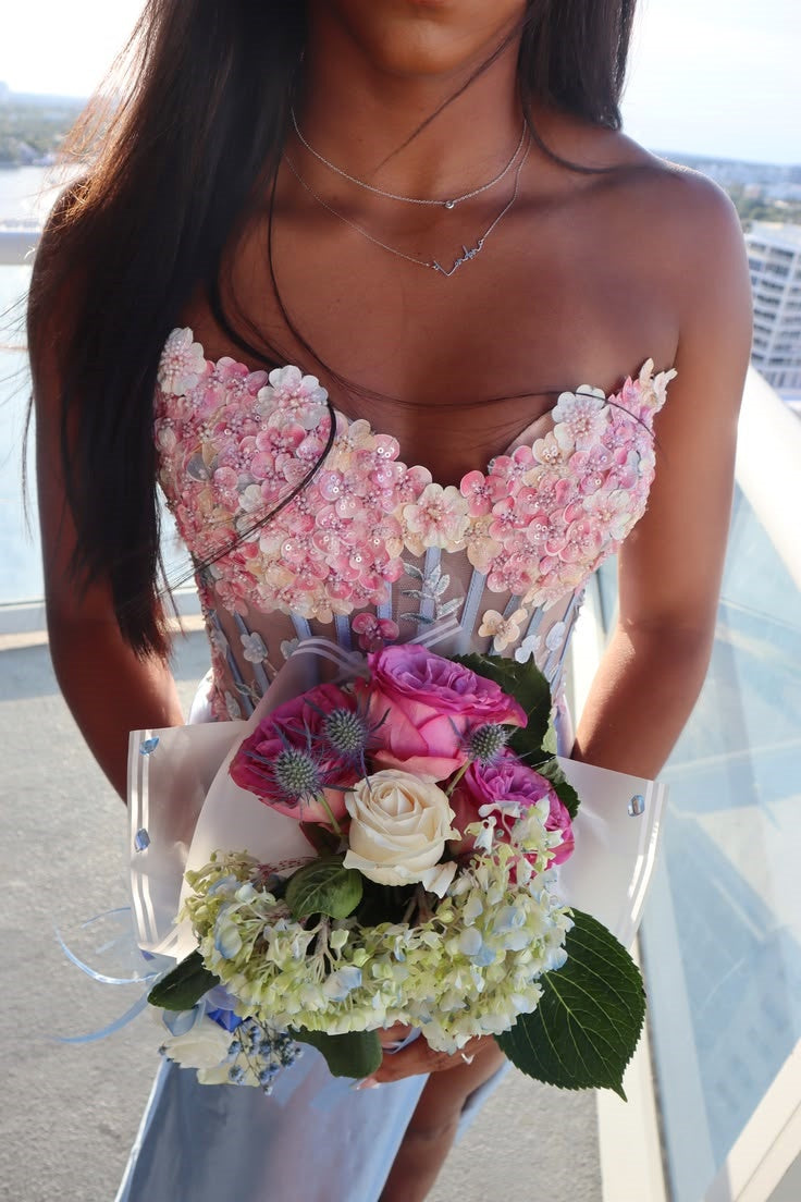 Pink Satin Floral Strapless Corset Gown
