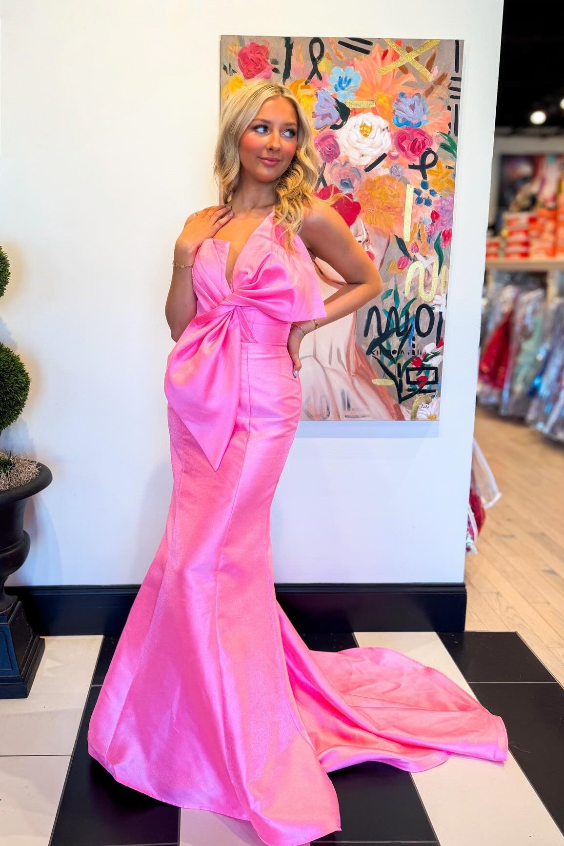 Strapless Hot Pink Bow Mermaid Long Formal Dress