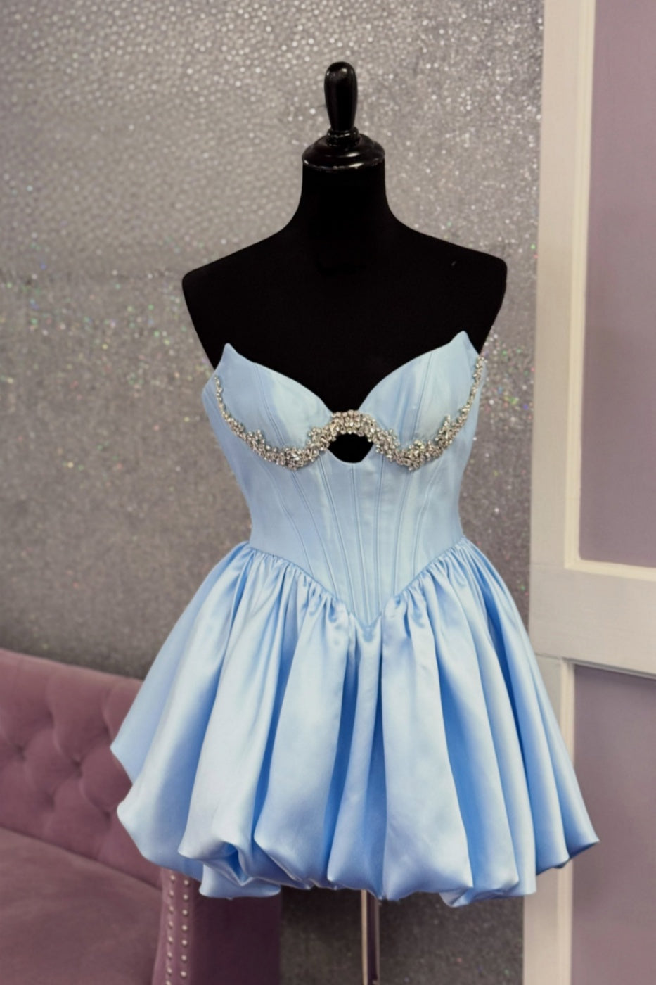 Light Blue Rhinestone Corset Bubble Mini Dress