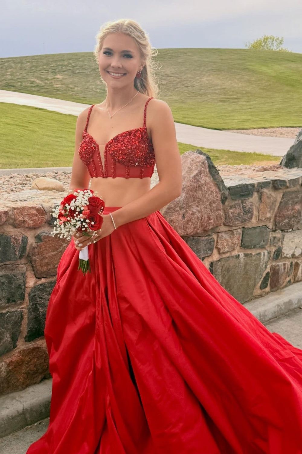 Red Satin A-Line Two-Piece Prom Dress – Dressesforparty