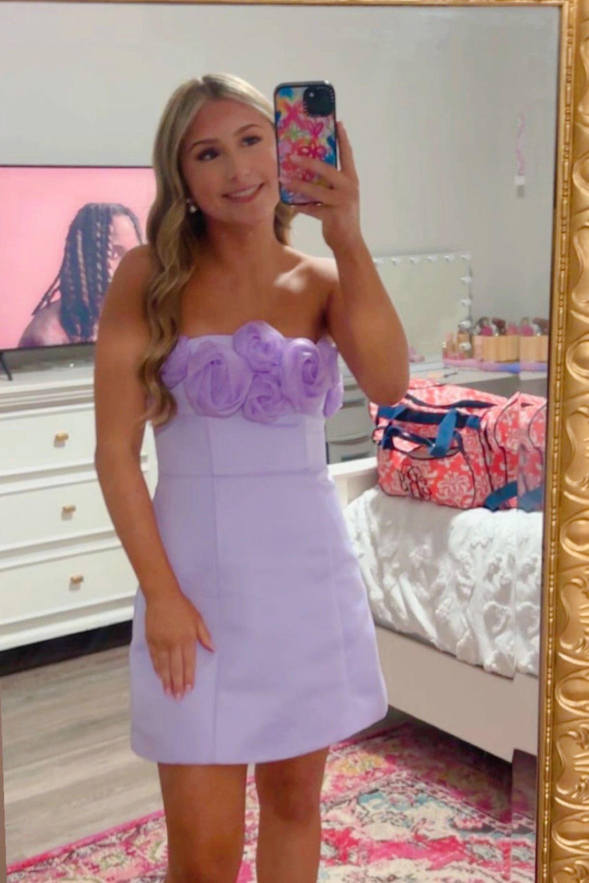 Lilac Strapless Rosette Mini Dress