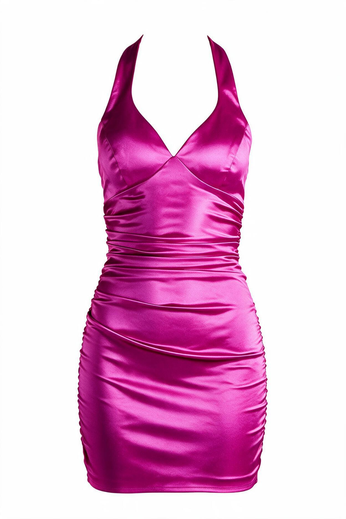 Fuchsia Satin V-Neck Mini Dress
