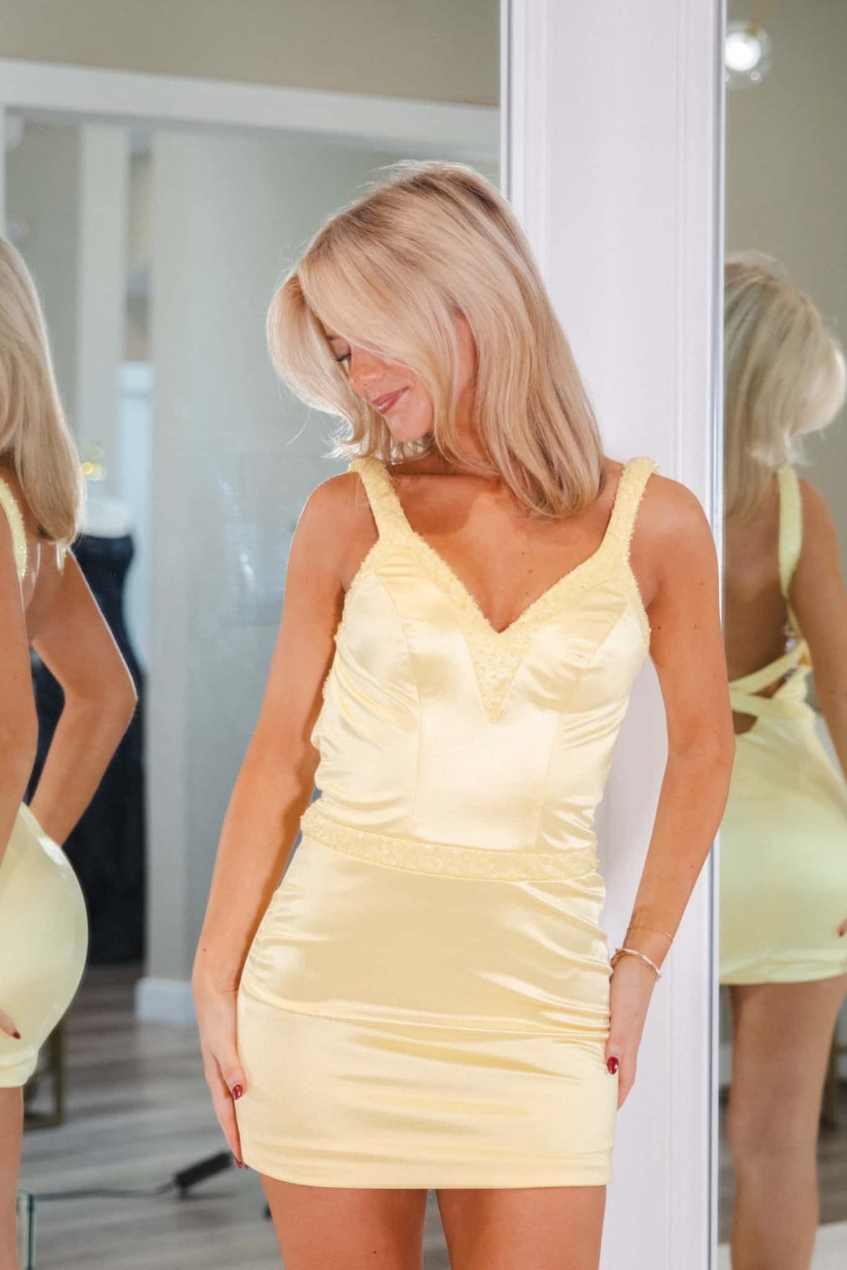 Yellow Satin Beaded V-Neck  Dress