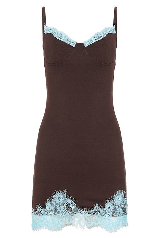 Brown Strap Lace Trim Short Dress