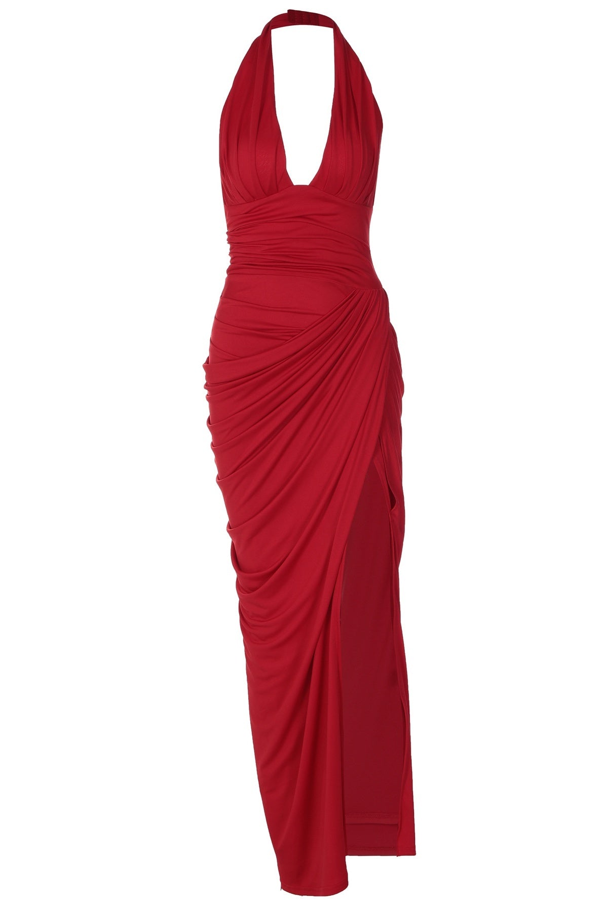Red Halter V-Neck Slit Party Dress